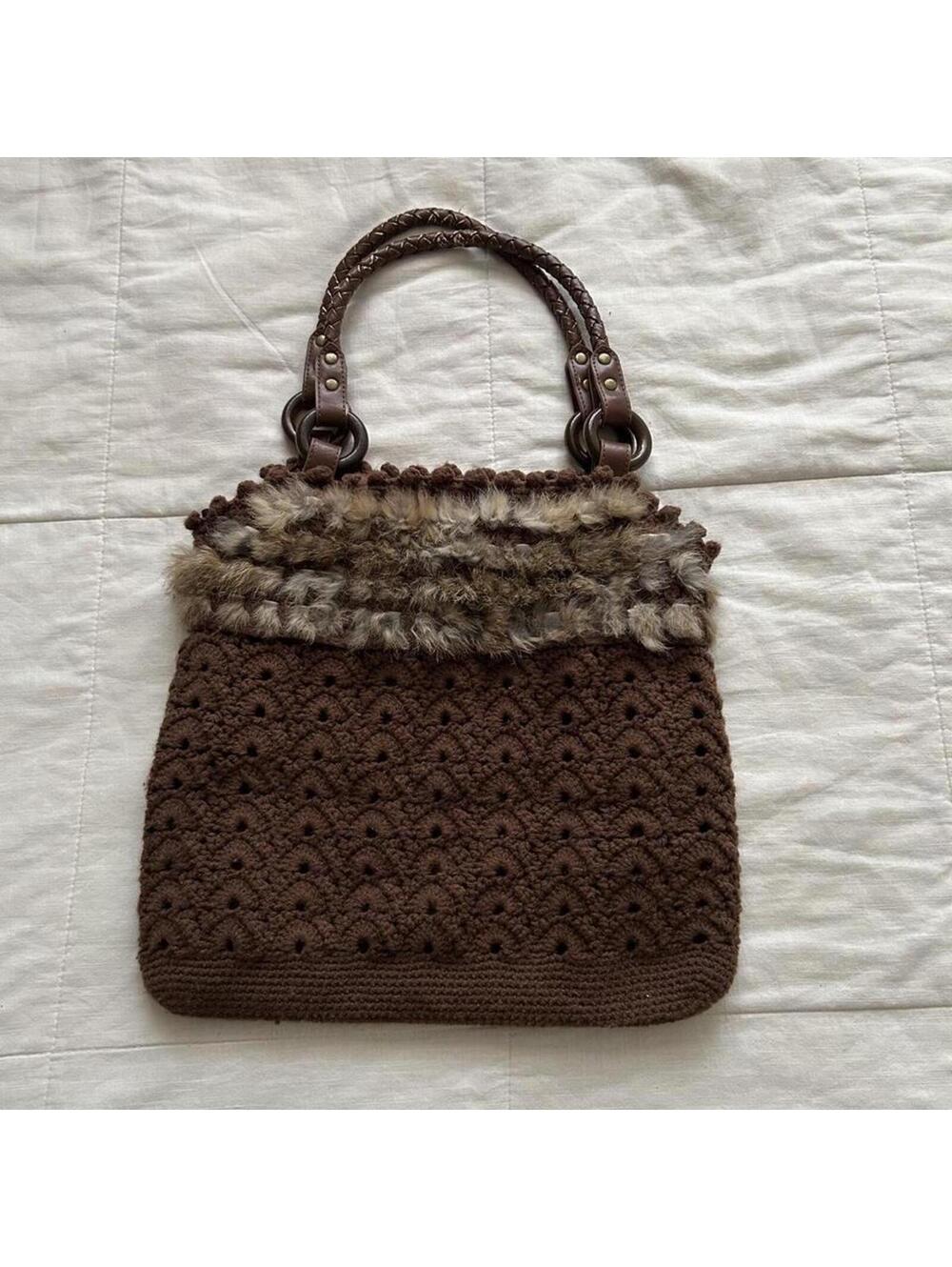 Cache Cache brown knit and rabbit fur purse bag